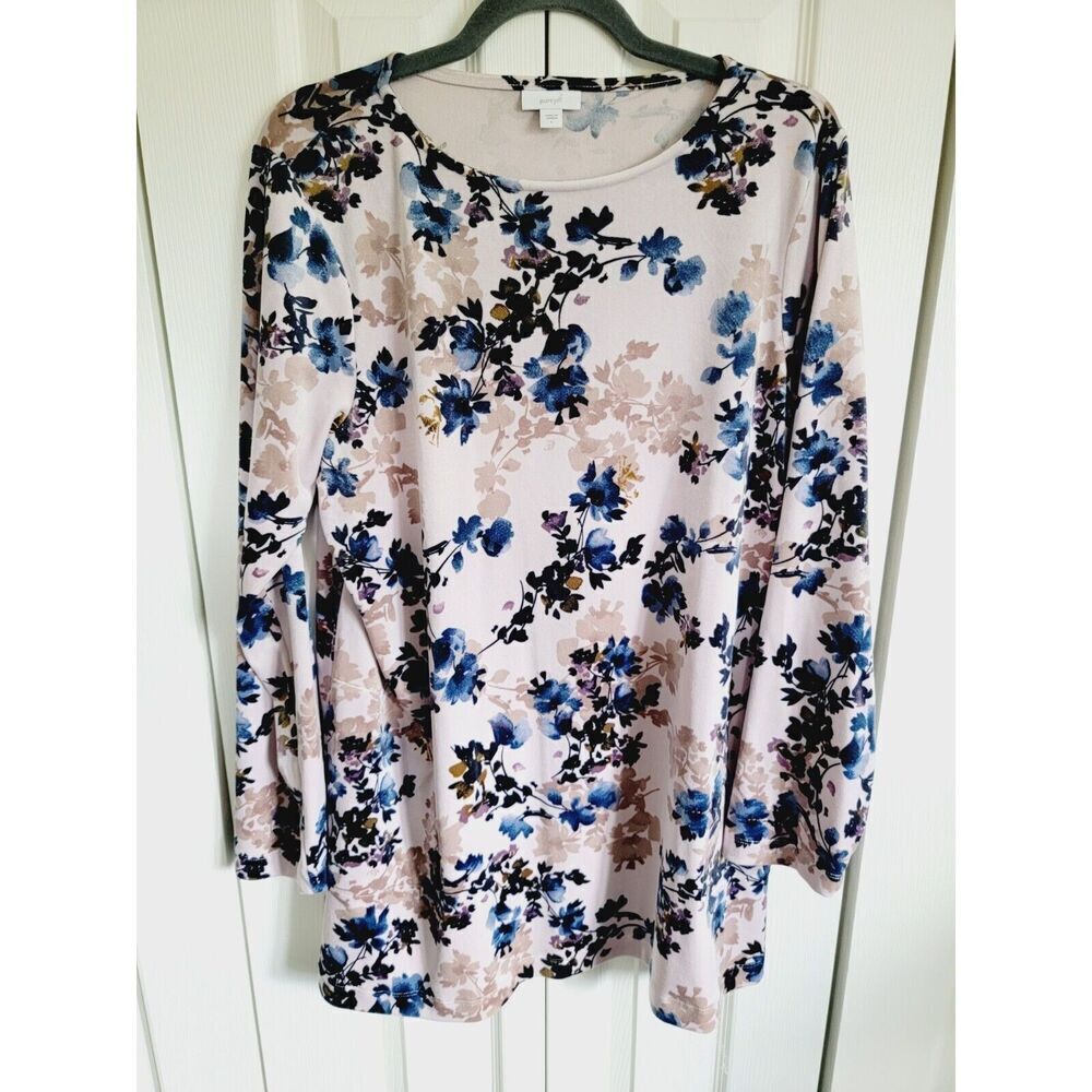 Pure Jill By J. JILL‎ L Sweatshirt Velour Pink Blue Tan Pullover Tunic Stretch